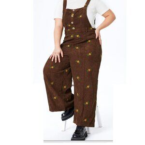 2X Plus Size Cider Brown Corduroy Floral Embroidered Bibs Hippie Boho